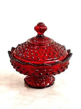 Fenton Ruby Red Hobnail Candy Dish Box Lid Vintage Amberina Glass 6.75"